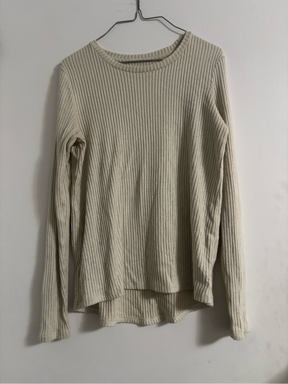 American Eagle Outfitters Ribbed Crewneck Long Sleeve Top - Cream